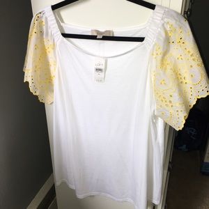Loft White Top with Yellow Lace Flutter Sleeve